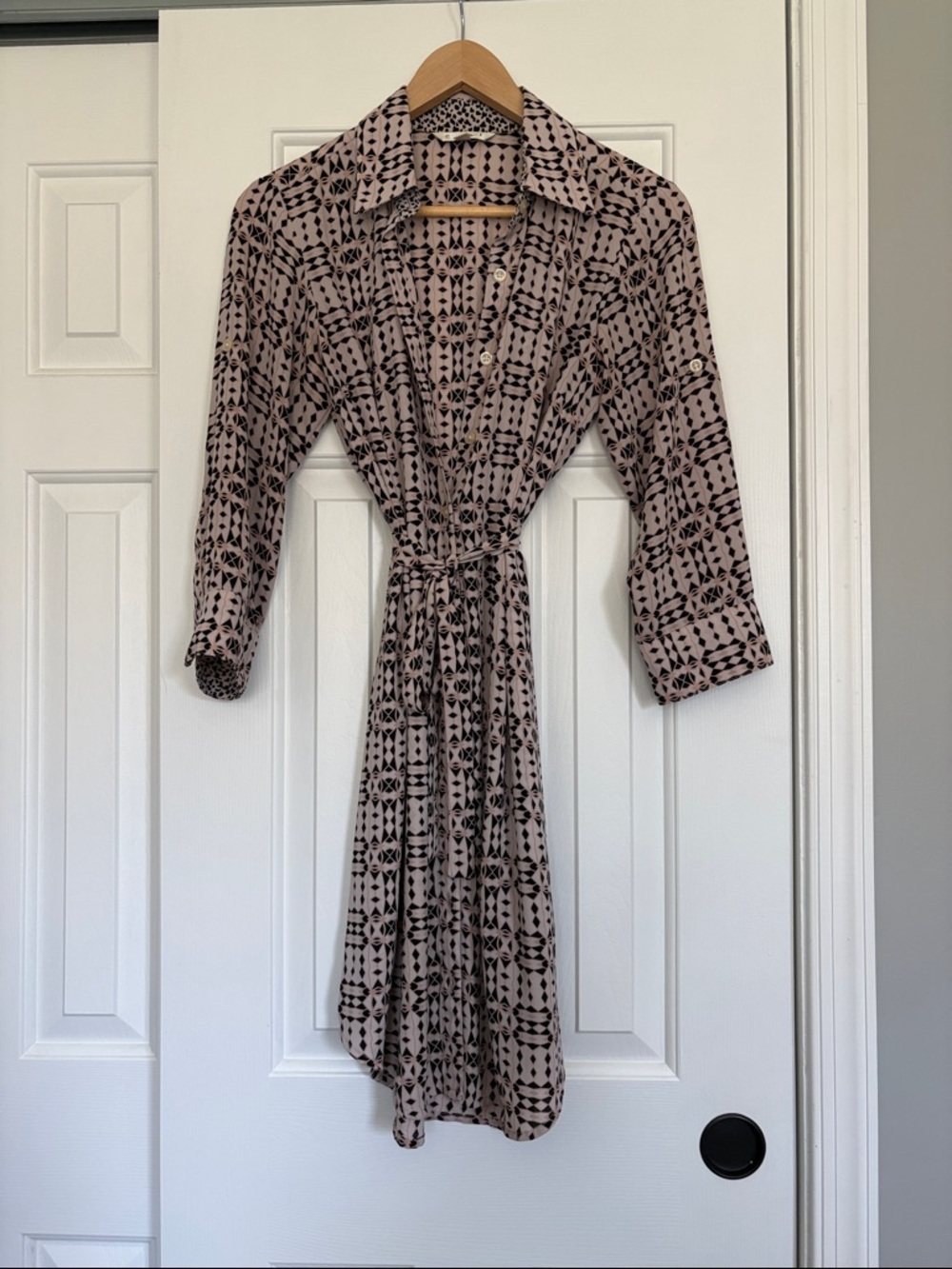CAbi Blush Pink and Black Geometric Shirt Dress Midi